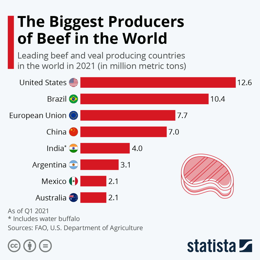 Maiores produtores de carne bovina no mundo. Foto: Statista